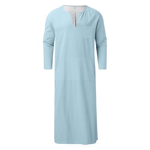 Mens Kurta Linen V Neck Long Sleeve Kaftan Casual Modern Everyday Thobes Soft Breathable Lightweight Kurta - color: 03#_light Blue, size: Medium