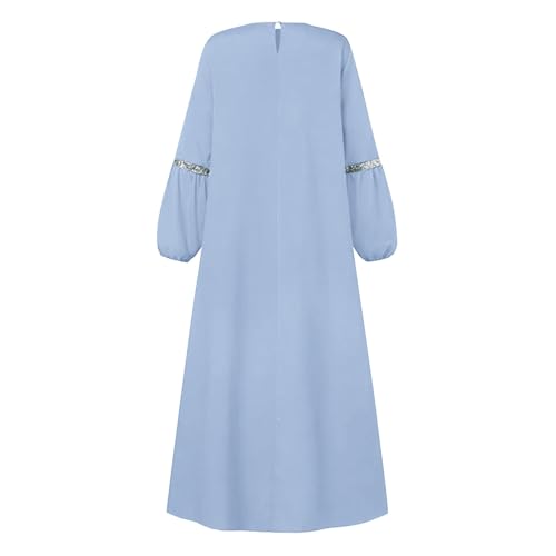 Muslim Prayer Dress Long Sleeve Round Neck Loose Abaya Maxi with Sequin Detail Flowy Sun Dress Casual Cover Up - color: 02#_light Blue, size: Small