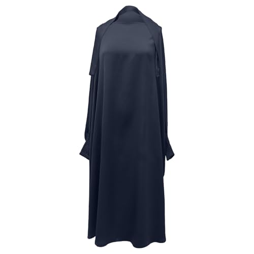 Solid Muslim Dress with Hijab for Girl Abaya Islamic Dubai Prayer Clothes Set Kids Kaftan Jilbab Dresses Burqa Outfit - color: Navy, size: 6-7 Years