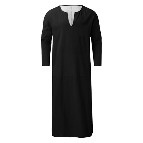 Mens Kurta Linen V Neck Long Sleeve Kaftan Casual Modern Everyday Thobes Soft Breathable Lightweight Kurta - color: 01#_black, size: Large