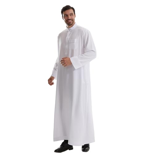 IWEMEK Muslim Thobe for Men Kaftan Thobe with Pockets Middle East Saudi Arabic Robe Ramadan Caftan Dubai Islamic Abaya Dress - color: White, size: Medium