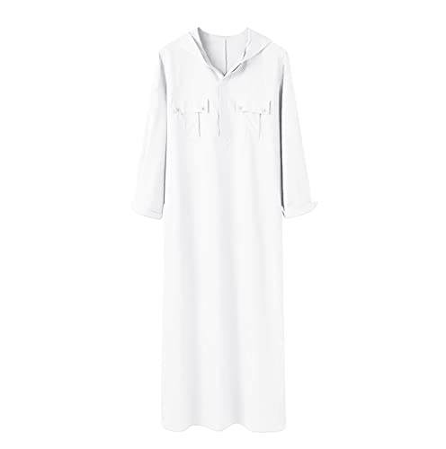 Muslim Hooded Kaftan for Men Solid Cotton Linen Robe Long Sleeve Long Gown Lightweight Thobe Caftan with Pockets - color: White, size: XX-Large