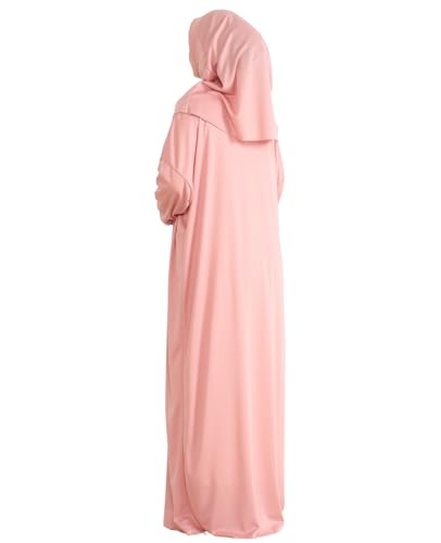 Women Prayer Clothes with Hijab Muslim Outfits Long Robe Abaya Turkish Islamic Dresses Dubai Kaftan with Rosary - color: Rose
