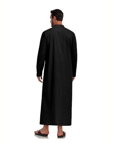Jacansi Men's 65% Cotton 35% Linen Kaftan Robe, Henley Button Down Thobe, Long Sleeve Casual Gown with Pockets - color: Black, size: Medium