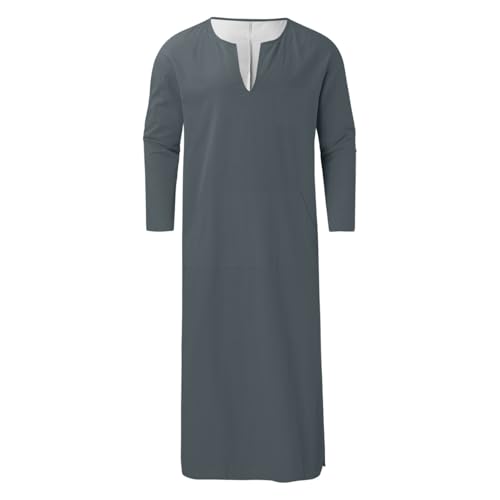 Mens Kurta Linen V Neck Long Sleeve Kaftan Casual Modern Everyday Thobes Soft Breathable Lightweight Kurta - color: 02#_grey, size: Medium
