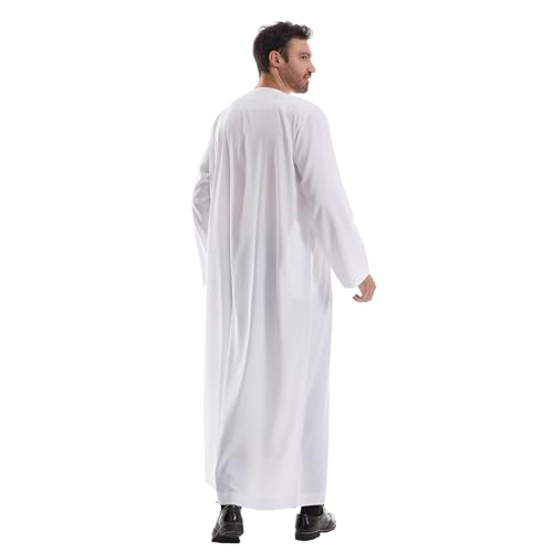 IWEMEK Men Muslim Thobe Long Sleeve Kaftan Robe with Pockets Saudi Arabic Thobe Ramadan Middle East Dubai Islamic Abaya Dress - color: White, size: Medium