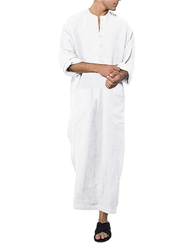 Jacansi Men's 65% Cotton 35% Linen Long Sleeve Kaftan, Button Down Ankle Length Thobe with Side Split & Pocket - color: White, size: Medium