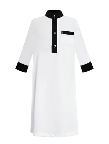 IWEMEK Kids Thobe for Muslim Boys Robe Eid Ramadan Kaftan Dubai Islamic Prayer Clothes Arabic Abaya Ethnic Dress with Pockets - color: Black-white, size: 7-8 Years