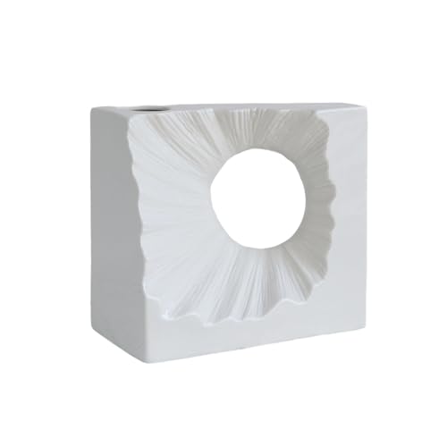 White Ceramic Decorative Vase, Square with Circular Cutout - color: White - Square Cutout Vase
