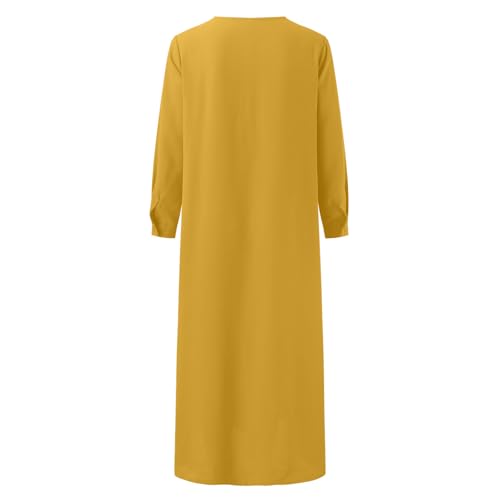 Muslim Dresses for Women Long Sleeve Muslim Prayer Dress Loose Button Down Tunic Flowy Maxi Dress Summer Clothes - color: Yellow, size: Medium