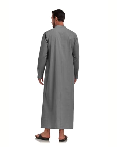 Jacansi Men's 65% Cotton 35% Linen Kaftan Robe, Henley Button Down Thobe, Long Sleeve Casual Gown with Pockets - color: Dark Grey, size: Medium