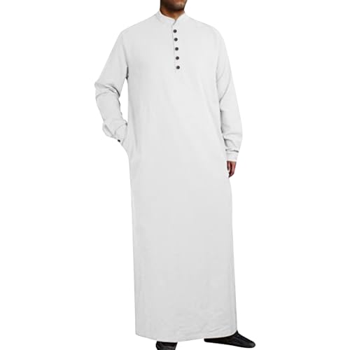 Men’s Muslim Islamic Thobe Robe Kaftan Long Sleeve Jubba Arabic Saudi Style Embroidered Formal Gown A11 - color: White, size: XX-Large