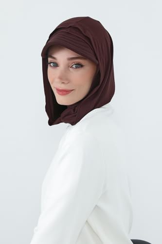 Aisha's Design Full Coverage Cotton Bonnet Hijab with Visor Modest Underscarf Bonnet - color: Brown