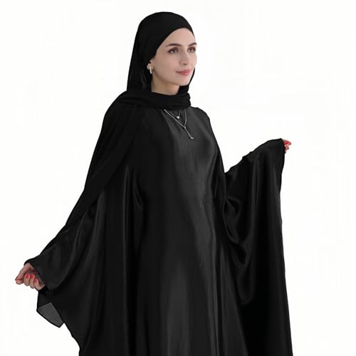 Abaya Muslim Women Dress Satin Batwing Sleeve Kaftan Maxi Arabian Dubai Islamic Ramadan Prayer Dress with Hijab Scarf - color: Black