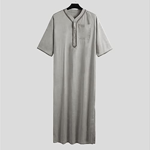 Generic Jalabiya Men Long Sleeve Thobe Mens V Neck Kaftan Robe Casual Muslim Gown Outdoor Breathable - color: B-grey, size: 5X-Large