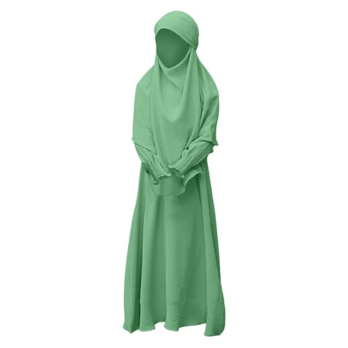 Muslim Clothes for Girls Toddler Kids Abaya Long Sleeve Dress Cotton Full Cover Hijab Islamic Kaftan Prayer Dresses - color: Mint Green, size: 3-4T