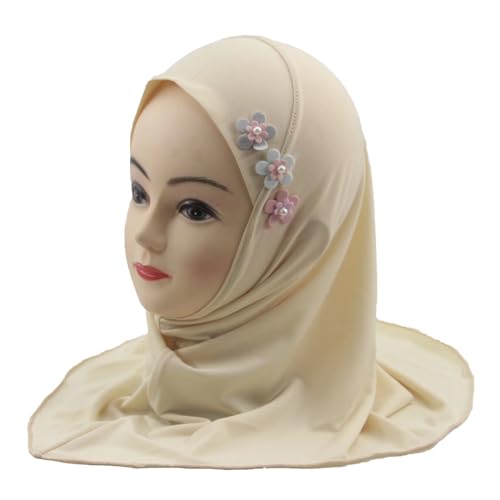 Girls Muslim Hijab Arab Scarf Islamic Headscarf for Kids with 3 Flowers - color: Cream-3 Flowers