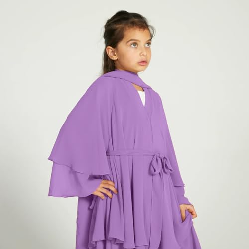 Chiffon layered Open Abaya Dubai Kaftan Muslim Cardigan Abayas Dresses For Girls Casual Robe Kimono Islam Clothing - color: Purple, size: 4-5 Years