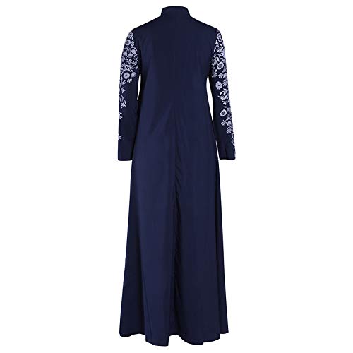 Islamic Fashion Dresses Middle Eastern Ethnic Kaftan Button Print Muslim Long Dress Dubai Turkey Arab Jilbab Dress - color: Blue, size: Medium