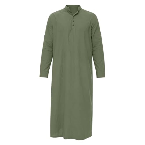 Men's Linen Kaftan Robe Button Down Long Sleeve Henley Collar Cotton Thobe Casual Loose Fit Stylish Gown Shirts - color: Army Green, size: Medium
