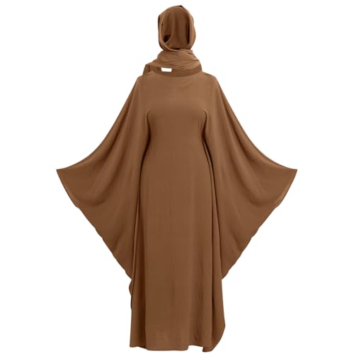 ODIZLI Abayas For Women Muslim Dubai Full Cover Kaftan Shirt Dress Batwing Sleeve Prayer Dress With Hijab - color: Coffee + Hijab, size: One Size