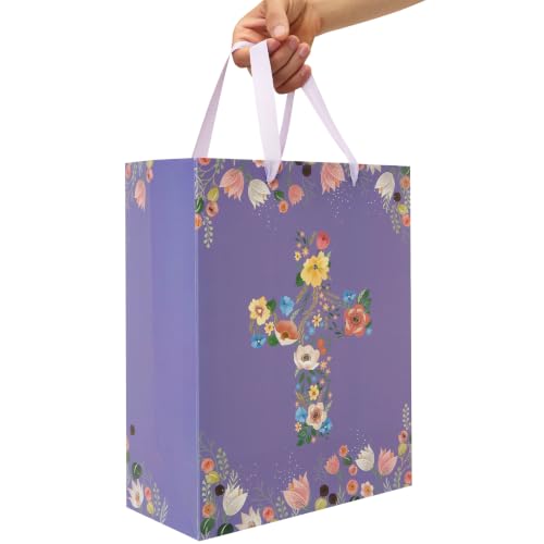 13" Large Floral Religious Gift Bag Set with Handles, Greeting Card, Purple Tissue Papers and Stickers for Women Girls, for First Communions, Baby Girl Baptisms, Christenings, Religious Occasion, Clergy Day, Cross Design, 1 Pcs - color: (13'' Large)Purple