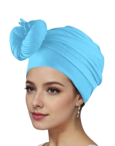vabovin Head Wraps for Black Women Stretch Jersey Knit Turban Headwrap Solid Color Headscarf Headband Shawl - color: 17- Blue