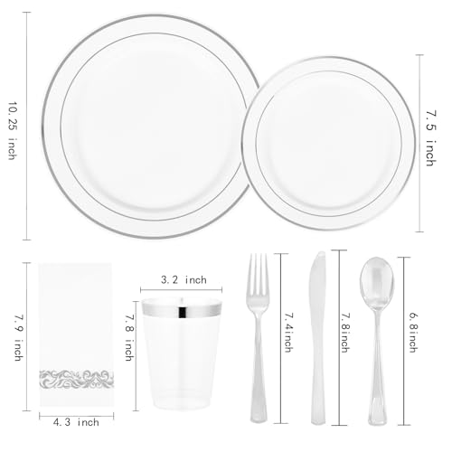 Supernal 400pcs Silver Plastic Dinnerware Set Heavy Duty Disposable Plates Include Silver Plastic Dessert Plates,50 Spoons & Knives & Cups & Napkins & 100 Forks,Prfect For Party and Wedding - color: 400pcs White and Silver Plastic Dinnerware