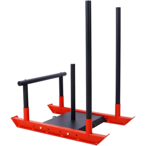 Weight Training Sled, Heavy Duty Steel Push Pull Sled Fitness Speed Strength Training Equipment with Removable Poles and Harness, Adjustable 1" 2" Plate Compatible Workout Sled for Outdoor Training