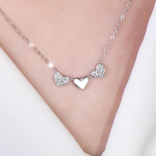 Moissanite 3-Heart Pendant Necklace for Women | 0.3CTTW D Color VVS1 Moissanite 14K Gold Plated Eternal Heart Pendant for Wife Mom Birthday Jewelry Gifts - color: Silver