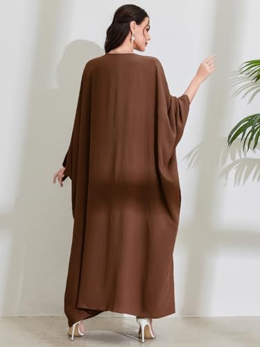 Women's Modest Hidden Adjustable Belt Oversized Abaya Muslim Dress Prayer Robes Kaftans - color: Coffee