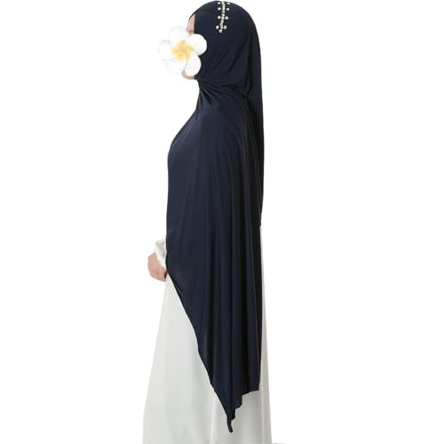 khalat Instant Hijab 여성용 무슬림 샤이니 라인스톤 데일리 스카프 부드럽고 신축성 있는 단색 이슬람 기도 히잡 - color: 네이비