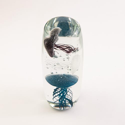 Glow in the Dark Jellyfish Paperweight, 6.8" Tall Glass Cylinder Aquarium with 3 Floating Jellies (Blue, White, Grey), Luminous Ocean Decor Night Light for Home Office