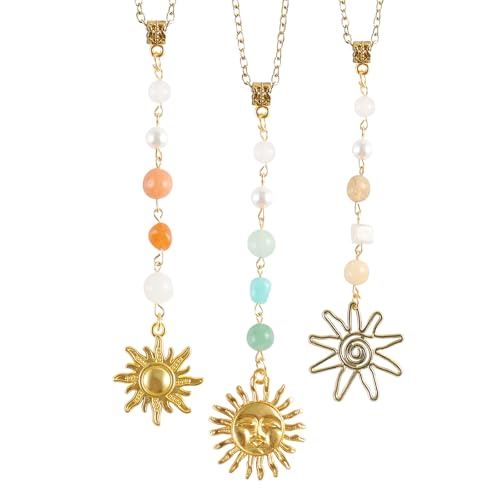 3 Pack Sun Rear View Mirror Hanging Accessories, Hanging Sun Charm with Healing Crystal, Boho Car Charms, Healing Mirror Decor Cute Accessories for Women (Retro)