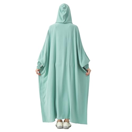 Abaya Muslim Dress Women Prayer Dress Long Sleeve Hooded Loose Maxi Dress Arabian Dubai Islamic Clothes - color: Celadon