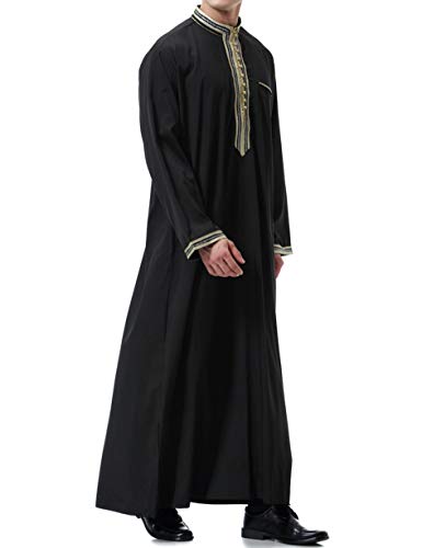 Islamic Mens Clothing Kaftan Maxi-Muslim Male Shirt Long Sleeve Abaya Dubai Cotton… - color: Black-b, size: X-Large
