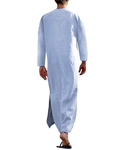Jacansi Men's 65% Cotton 35% Linen Kaftan Thobe, Long Sleeve Casual Arabic Robe, Loose Long Gown with Pockets - color: Light Blue #1, size: 3X-Large