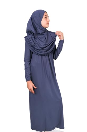 ihvan online Muslim Dress for Girls, Long Sleeve One-Piece Islamic Prayer Dress, Hijab for Kids, Girls Abaya, Islamic Gifts - color: Navy Blue