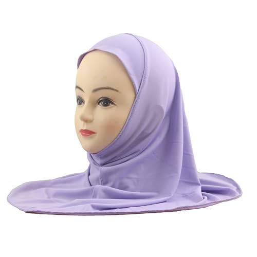Girls Hijab Muslim Scarf for Kids – Ready to Wear, Solid Color, Soft & Breathable Daily Headwear for Ages 6-11 - color: Lavander