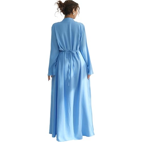 Lenmipot Elegant Middle Eastern Abaya 2pcs Stand Collar Maxi Dress for Women Muslim Jilbab Kaftan Eid Dubai Abaya Outfits - color: Bluea, size: Large