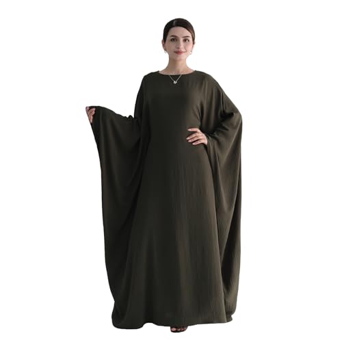 Abaya 무슬림 여성용 드레스 배트윙 슬리브 루즈핏 맥시 겸손한 이슬람 의류 히잡 스카프 포함 기도 드레스 - color: 아미 그린.