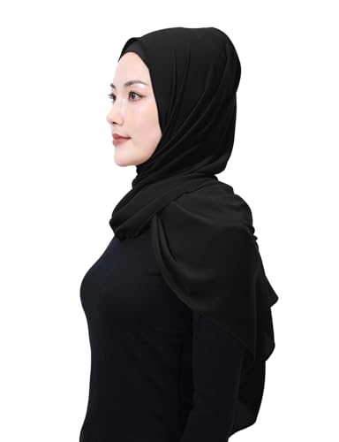 Matched Hijab and Undercap Set, Chiffon Muslim Head Scarf for Women, A Perfectly Decent Combination - color: Black