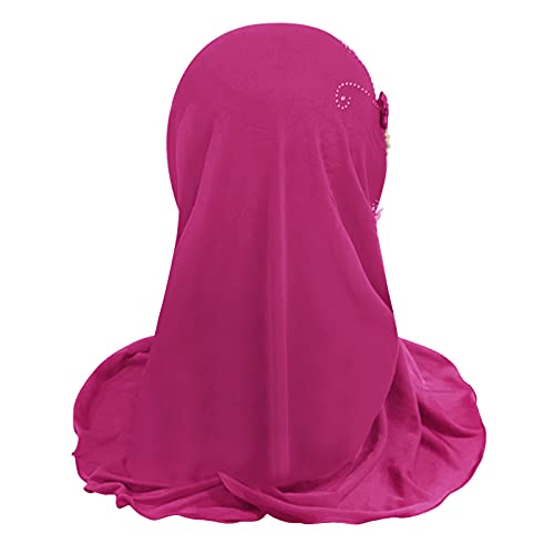 Girls Ice Silk Muslim Khimar Hijab Headscarf Flower Arab Scarf Shawls Neck Wrap Islamic Head Wrap for Age 2-7 Years - color: Style 3-hot Pink