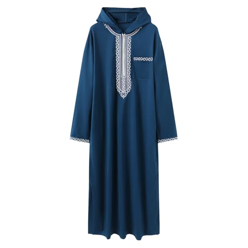 Men's Muslim Middle Arab Casual Long Sleeve Loose Hood Big and Tall Long Gown Dress Muslim Kaftan Thobe - color: Blue, size: XX-Large