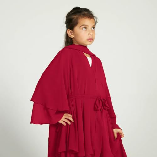 Chiffon layered Open Abaya Dubai Kaftan Muslim Cardigan Abayas Dresses For Girls Casual Robe Kimono Islam Clothing - color: Claret, size: 11-12 Years