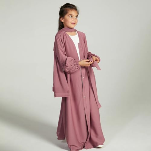 Kids Girls Muslim Abaya Long Sleeve Snap Front Maxi Dress with Belt Robe Kimono Dubai Hijab Dress - color: Dark Pink B, size: 5-6 Years