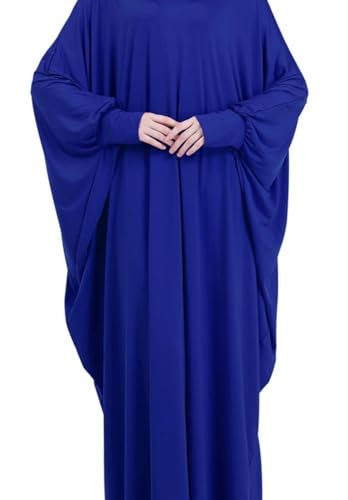 Women's Solid Muslim One-Piece Prayer Dress Abaya Kaftan with Hijab Full Length Dress - color: Fancy Blue