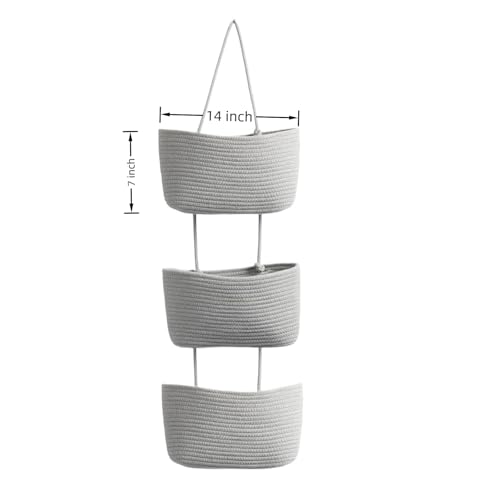 Gray 3-Tier Woven Cotton Rope Hanging Basket, Over the Door Organizer, Adjustable Detachable Wall Basket with Metal & Adhesive Hooks, No Drilling for Apartment, Rental, Dorm & Small Space - style: Grey