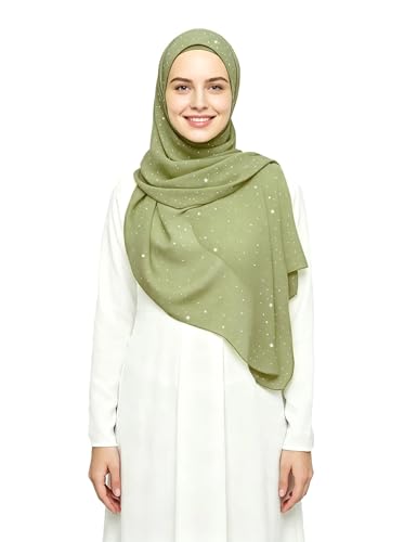Lina & Lily Sparkle Shimmer Gold Glitter Women's Chiffon Hijab Head Scarf Shawl Wrap Lightweight - color: Light Olive