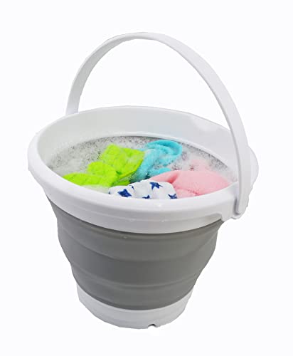 SAMMART 5.5L (1.4 Gallon) Collapsible Plastic Bucket with Lid - Foldable Round Tub with Lid - Portable Fishing Water Pail - Space Saving Outdoor Waterpot. (White/Grey, 1) - color: White/Grey